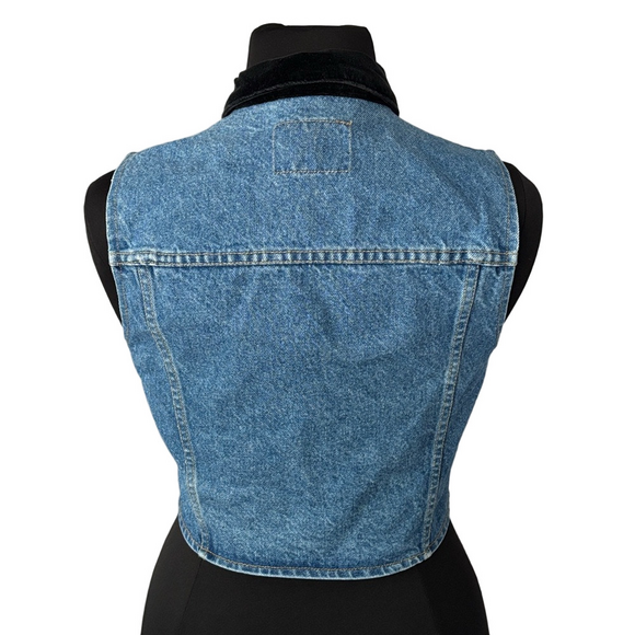 Paris Blues Original 80s Vintage Denim Fitted Zip Vest Black Velvet Collar - Picture 2 of 8